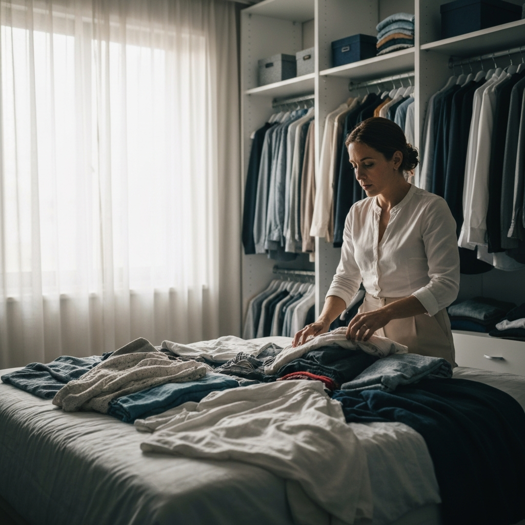 A brightly lit walk-in closet with clothes overflowing onto a neatly organized bed. Soft, diffused light streams through a nearby window, highlighting the various textures of the fabrics. A person with a thoughtful expression is sorting through a pile of clothing.