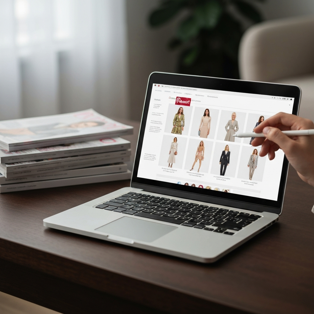 A well-lit desk with a laptop open to a Pinterest board showcasing diverse fashion styles. Soft bokeh in the background blurs a stack of fashion magazines. A hand holding a stylus taps the screen thoughtfully.
