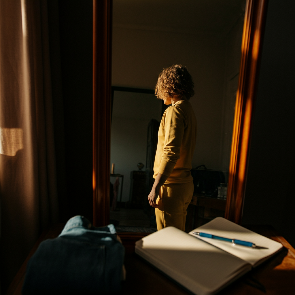 A person standing in front of a mirror, trying on different clothing combinations. The room is bathed in warm, natural light, casting long shadows that highlight the texture of the fabrics. A notepad and pen are visible on a nearby table.