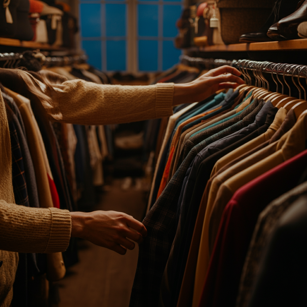 A brightly lit thrift store aisle filled with racks of clothing. Soft, natural light filters through a large window, illuminating the colorful garments. A person is carefully examining a vintage jacket, their hand running over the fabric.