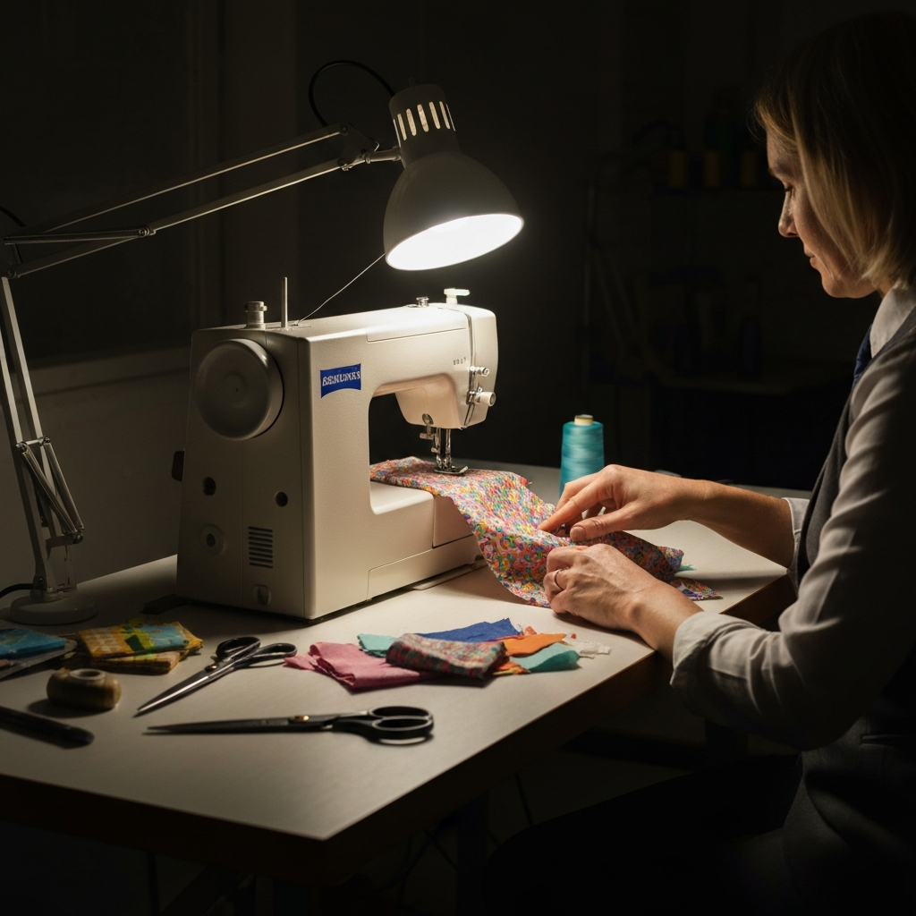 A sewing machine on a workbench, illuminated by a task light. Scraps of colorful fabric are scattered around, along with scissors, thread, and other sewing tools. A hand is carefully guiding fabric under the needle.