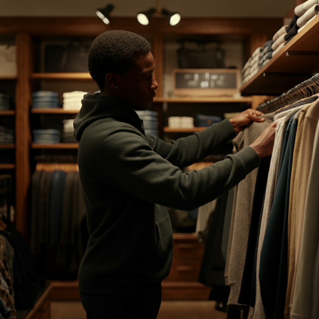 A person browsing through a clothing rack at a department store. The store is well-lit and organized, with racks of clothes neatly arranged. The person is carefully examining the fabric and construction of a garment.