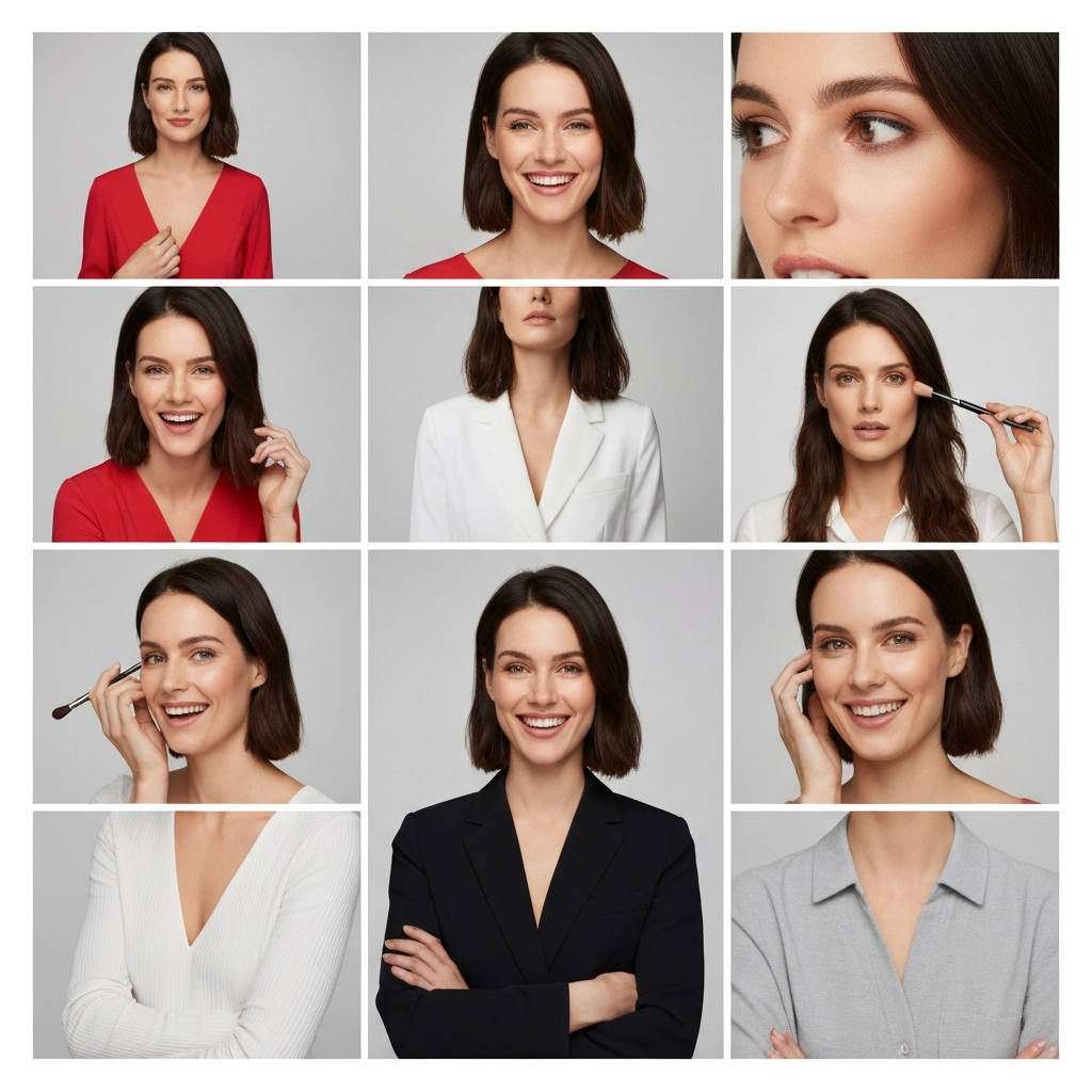 A montage of images showing a person trying on different outfits, experimenting with makeup, and posing confidently in various styles. The images are filled with vibrant colors and joyful expressions.