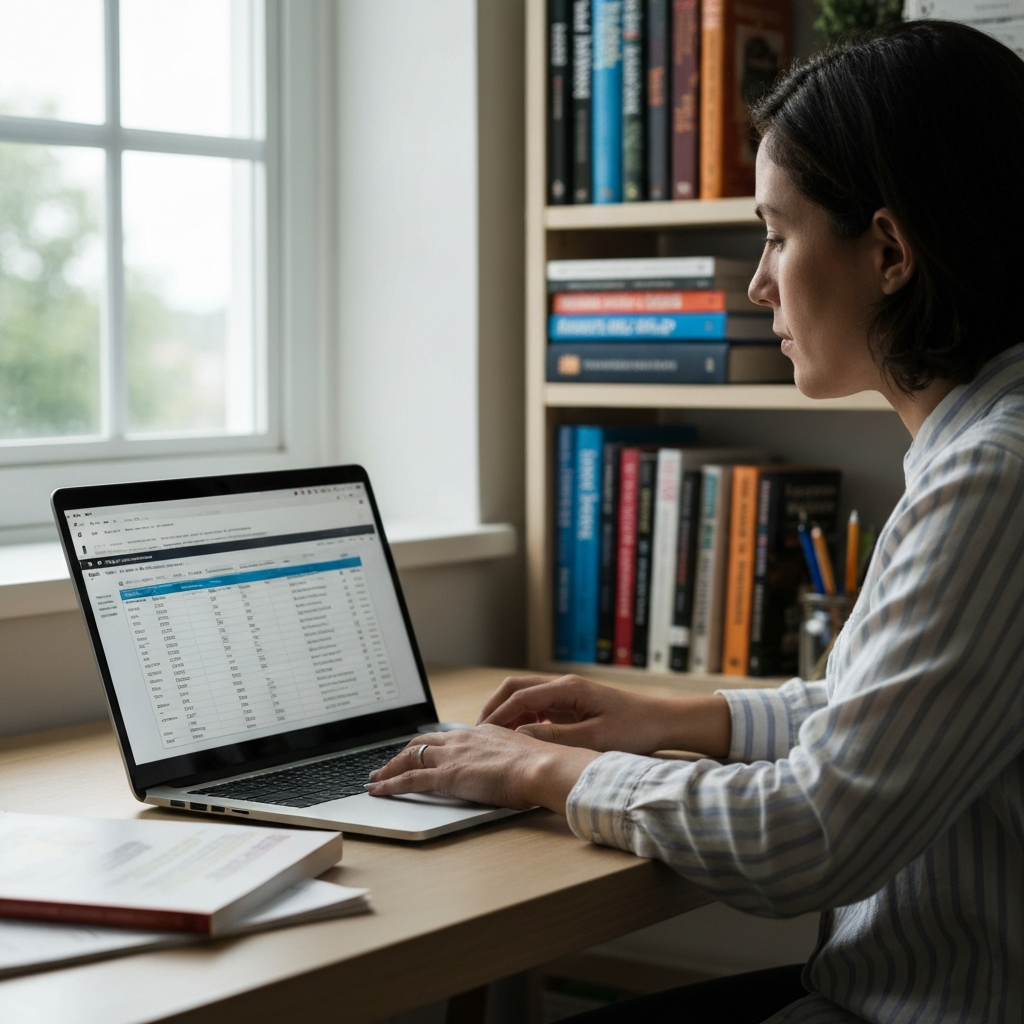A well-lit home office with a person sitting at a desk, reviewing a budget spreadsheet on a laptop. Soft bokeh on the bookshelf in the background, showcasing financial self-help books. Natural daylight coming in from a nearby window.