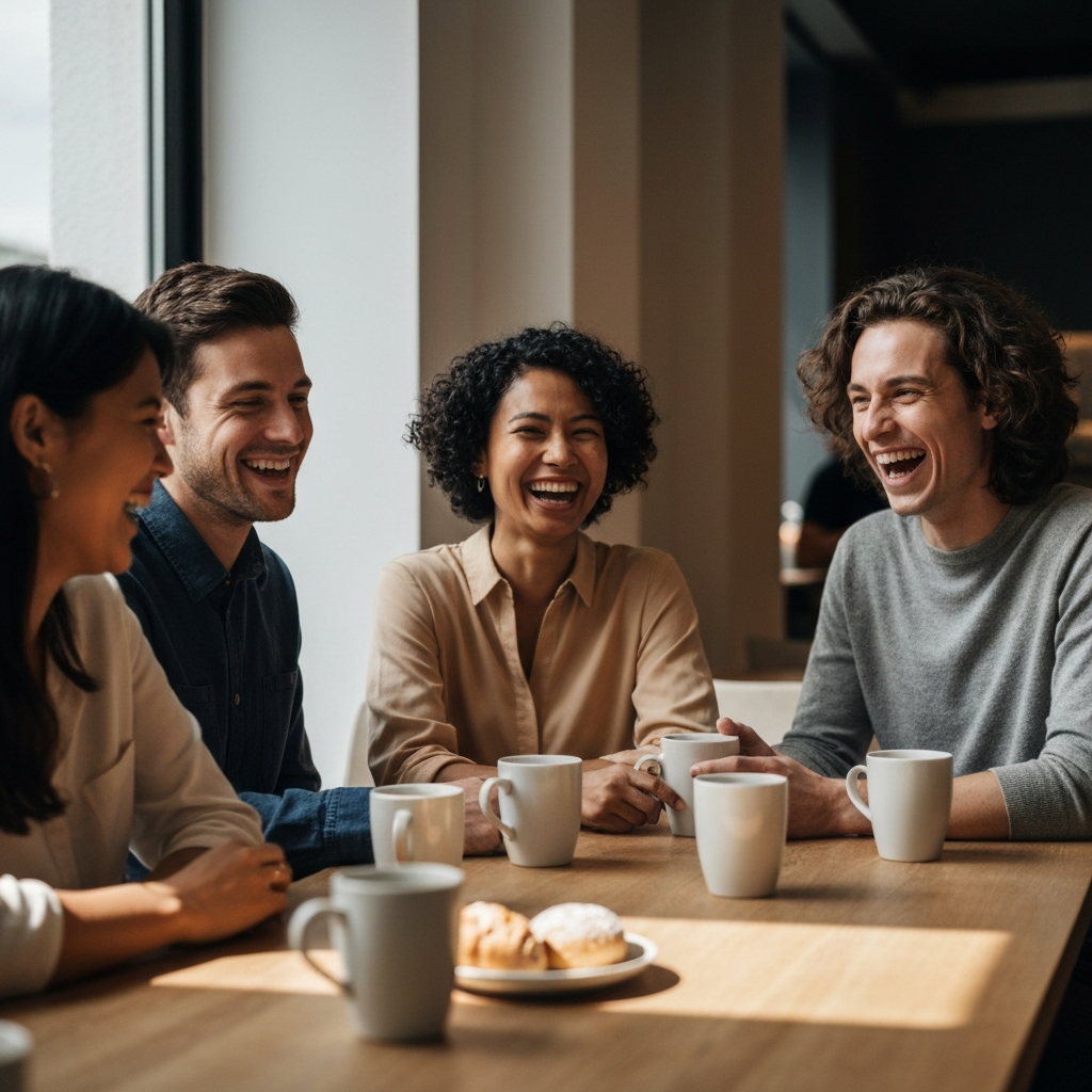 A group of diverse friends laughing together in a warmly lit café. The table has mugs of coffee and pastries, side-lit to highlight textures. Focus on genuine smiles and natural interaction.
