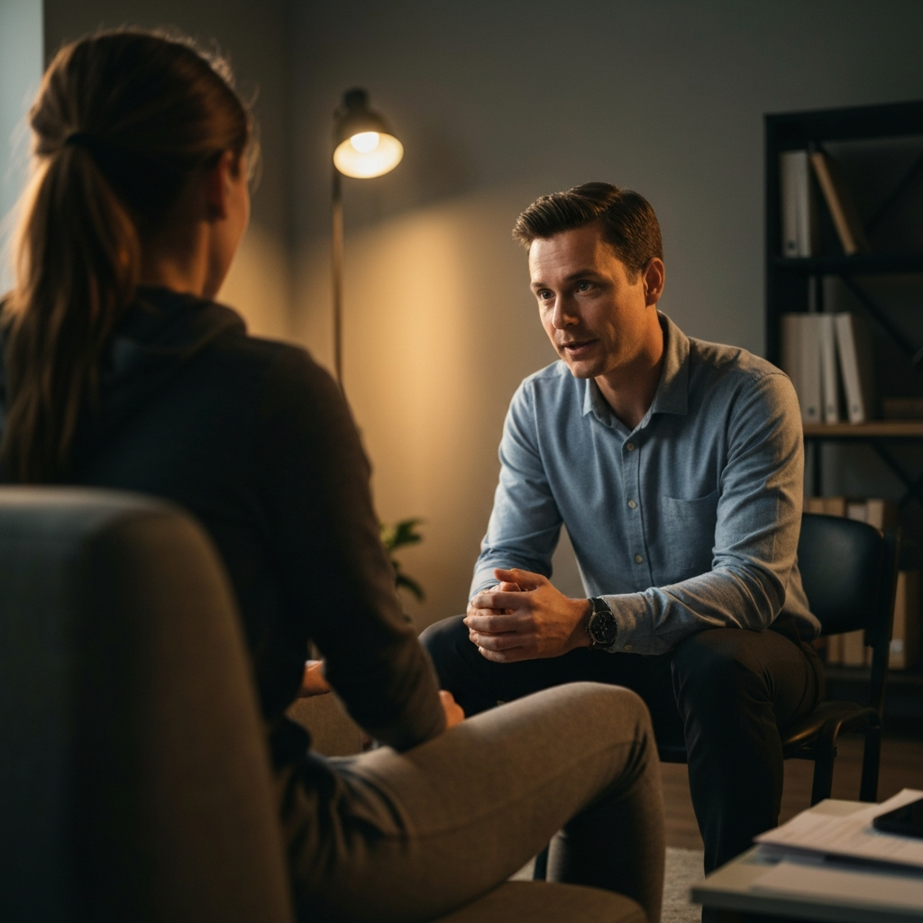 A professional counselor in a dimly lit office with soft lighting to promote a sense of comfort and peace. The counselor is looking at a client, attentively listening. The client is sitting comfortably on a couch, and the overall composition seeks to promote vulnerability and empathy.