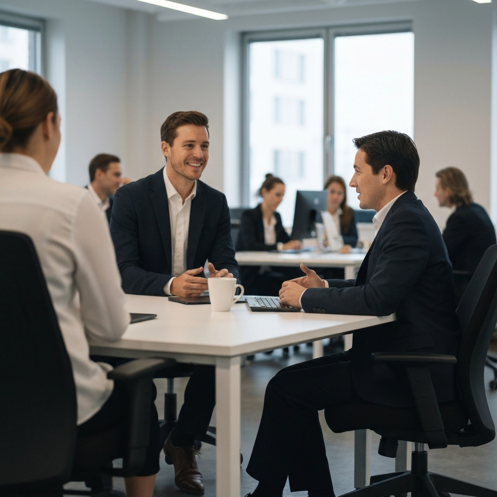 A bright, modern office space with collaborative workspaces. Focus on teamwork and innovation. Employees are engaged in discussions, showcasing professional attire and positive body language.