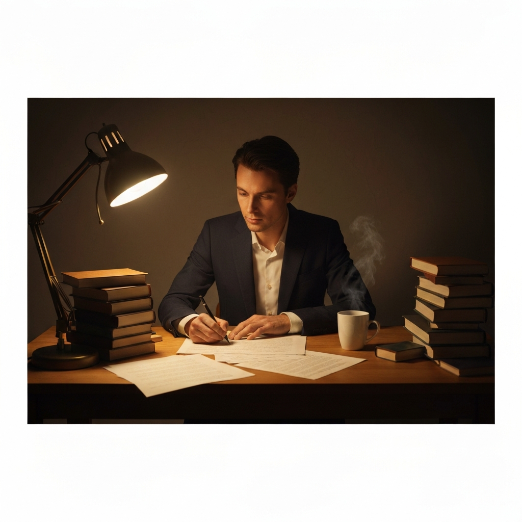 A writer at a wooden desk, illuminated by a warm lamp. They are surrounded by stacks of books, papers scattered around, and a steaming mug of tea. The light catches the textured paper and creates soft shadows on their focused face.