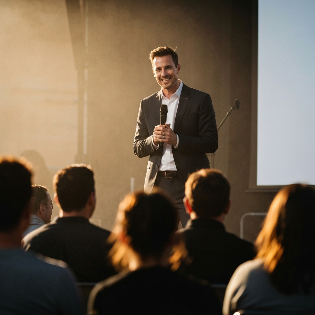 A speaker standing on a stage, addressing a crowd. The speaker is smiling warmly and making direct eye contact with someone in the audience. The stage is lit with soft, diffused lighting, creating a professional yet approachable atmosphere.