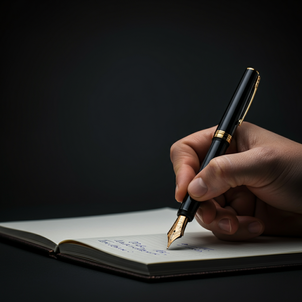A close-up of a hand gently writing in a notebook with a fountain pen. The lighting is soft and diffused, highlighting the texture of the paper and the details of the pen. The hand looks purposeful and skilled.
