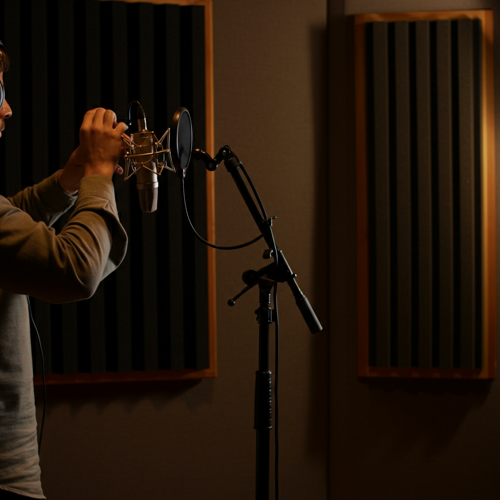 A recording studio with a microphone stand and sound dampening panels. A person wearing headphones is adjusting the microphone. The room is well-lit but with a neutral color palette, focusing on the professional recording environment.