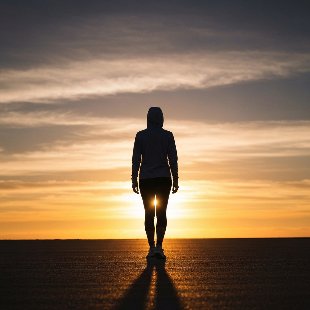 A person walking away from the viewer towards a distant horizon at sunset. The sky is filled with warm colors, and the silhouette of the person creates a sense of hope and new beginnings.