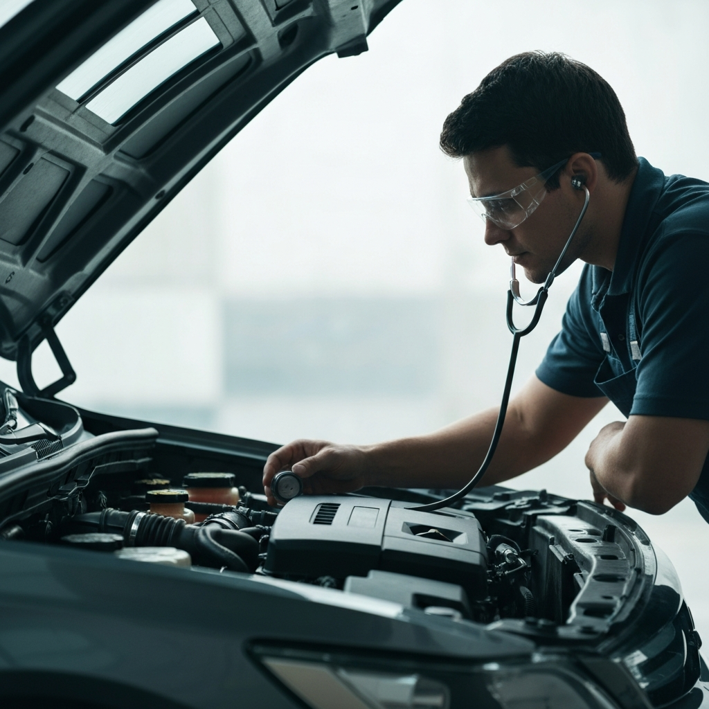 A mechanic with safety glasses and rolled-up sleeves, leaning into the engine bay of a clean sedan. Soft, diffused light from the open garage door illuminates the engine components. The mechanic holds a mechanic's stethoscope to the engine, with a focused expression.