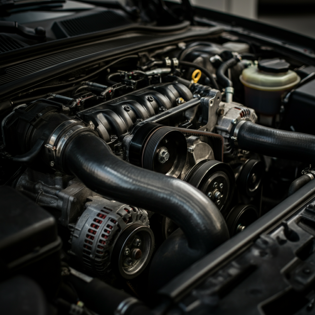 A close-up shot of an engine with the air filter housing removed, highlighting the intricate network of hoses and belts. Focus is on the textures of the rubber and metal components. Shallow depth of field with a blurred background.