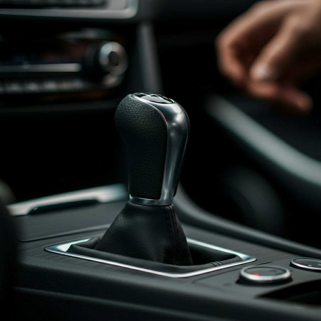 Gear shift knob with a hand partially visible, in motion. Ambient light highlights leather texture. Selective focus on the knob, blurring background.