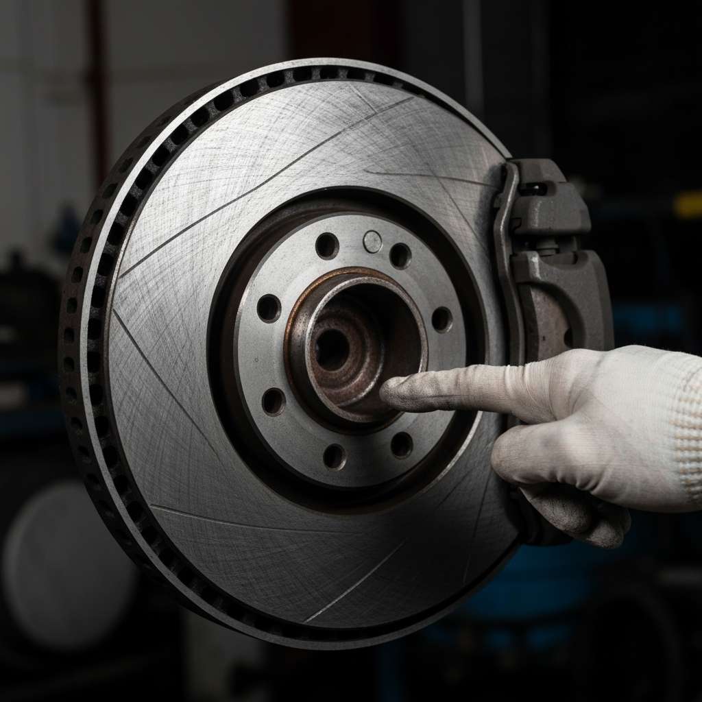 A close-up shot of a brake rotor, showing slight rust and scoring on the surface. A mechanic's hand with a gloved finger points to the brake pad within the caliper. Soft side lighting highlights the metal textures.
