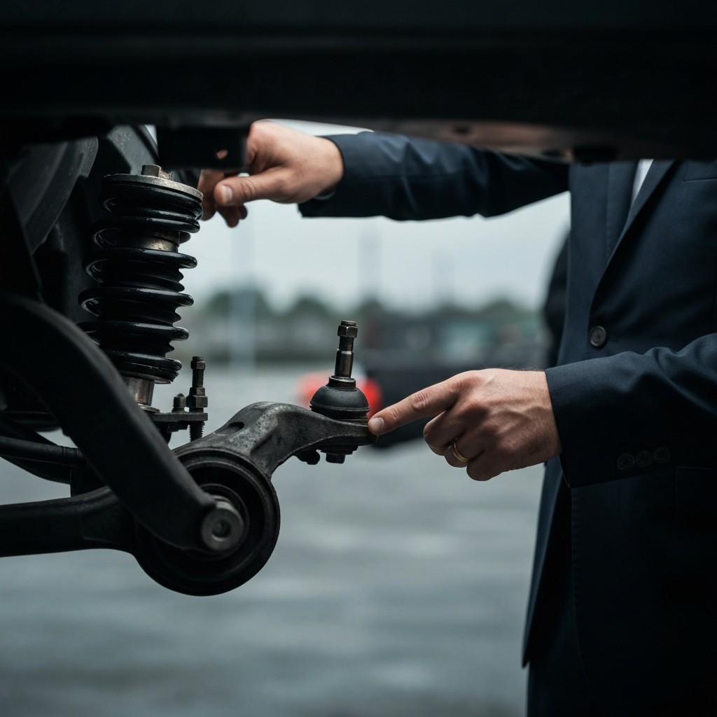 A partially disassembled front suspension system, with a mechanic pointing to a worn ball joint. Natural lighting with a slight overcast, creating soft shadows and highlighting the grease and wear on the components.