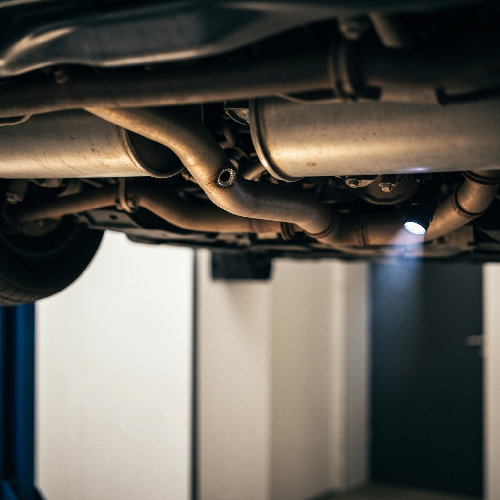 A shot underneath a car, focusing on the exhaust system with a small rust hole visible on the muffler. A mechanic is shining a flashlight onto the area. Low-angle shot, golden hour lighting emphasizing the metallic texture.