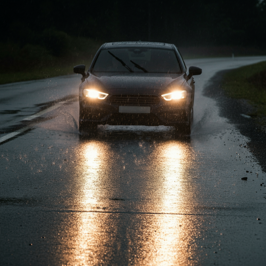 A car driving on a wet, asphalt road during a light rain. The car's headlights are on, creating reflections on the road surface. Focus on the tire tracks and the texture of the asphalt.