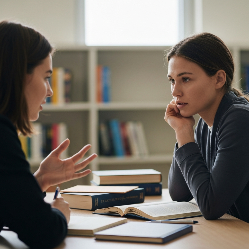 A student sitting at a desk in a softly lit library, leaning forward attentively while another student speaks. Books and notes are neatly arranged on the desk. Soft bokeh in the background.