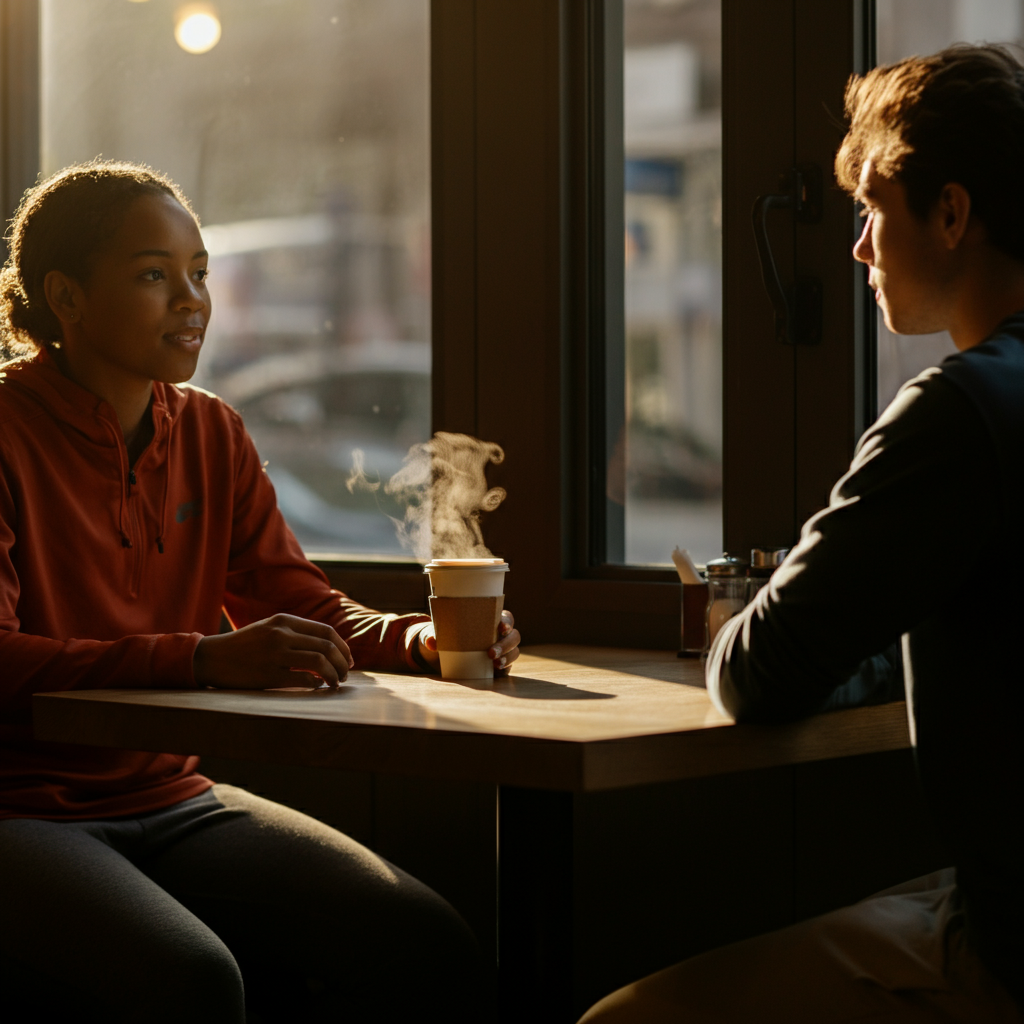Two students sitting at a table in a brightly lit cafe, engaged in a conversation with open postures and engaged facial expressions. A steaming coffee cup sits between them, with side-lit textures highlighting the condensation.