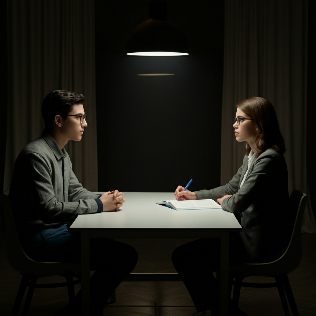 Two students sitting across from each other at a table, engaged in a serious but calm conversation. The setting is a quiet study room with diffused lighting.
