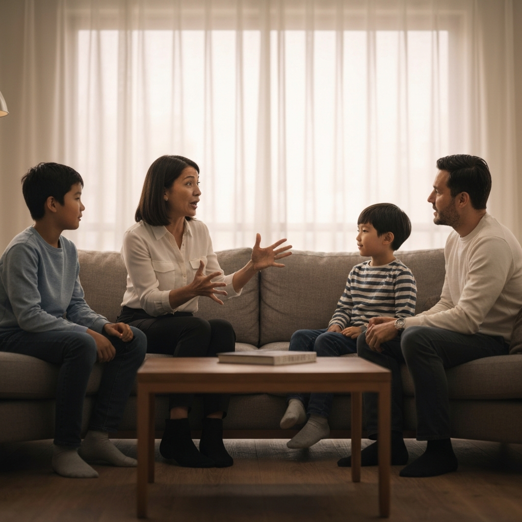 Warmly lit living room. Family of four seated comfortably on a plush sofa. The mother is speaking animatedly, while the father and children listen attentively. Soft bokeh effect in the background.