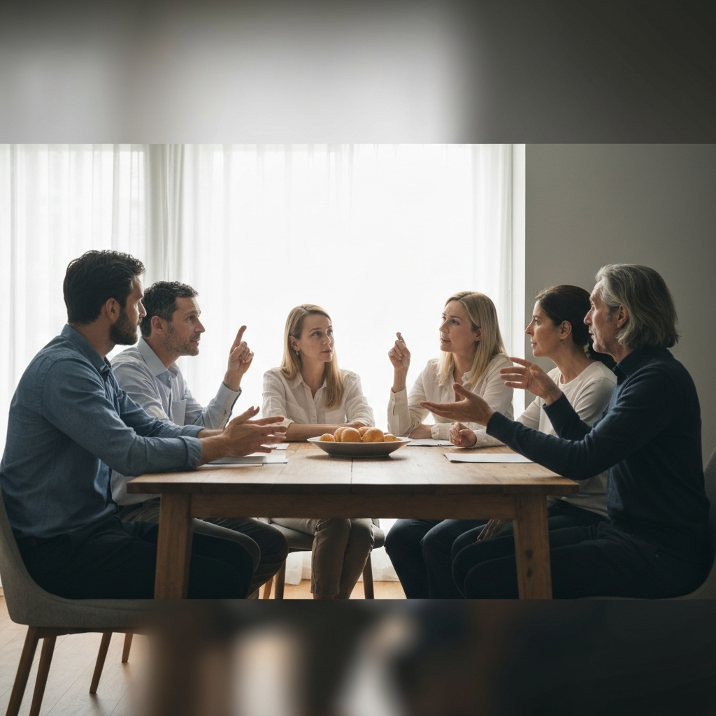 Family of five gathered around a wooden dining table. They are engaged in a lively discussion, gesturing and making eye contact. Soft, diffused light filtering through the window.