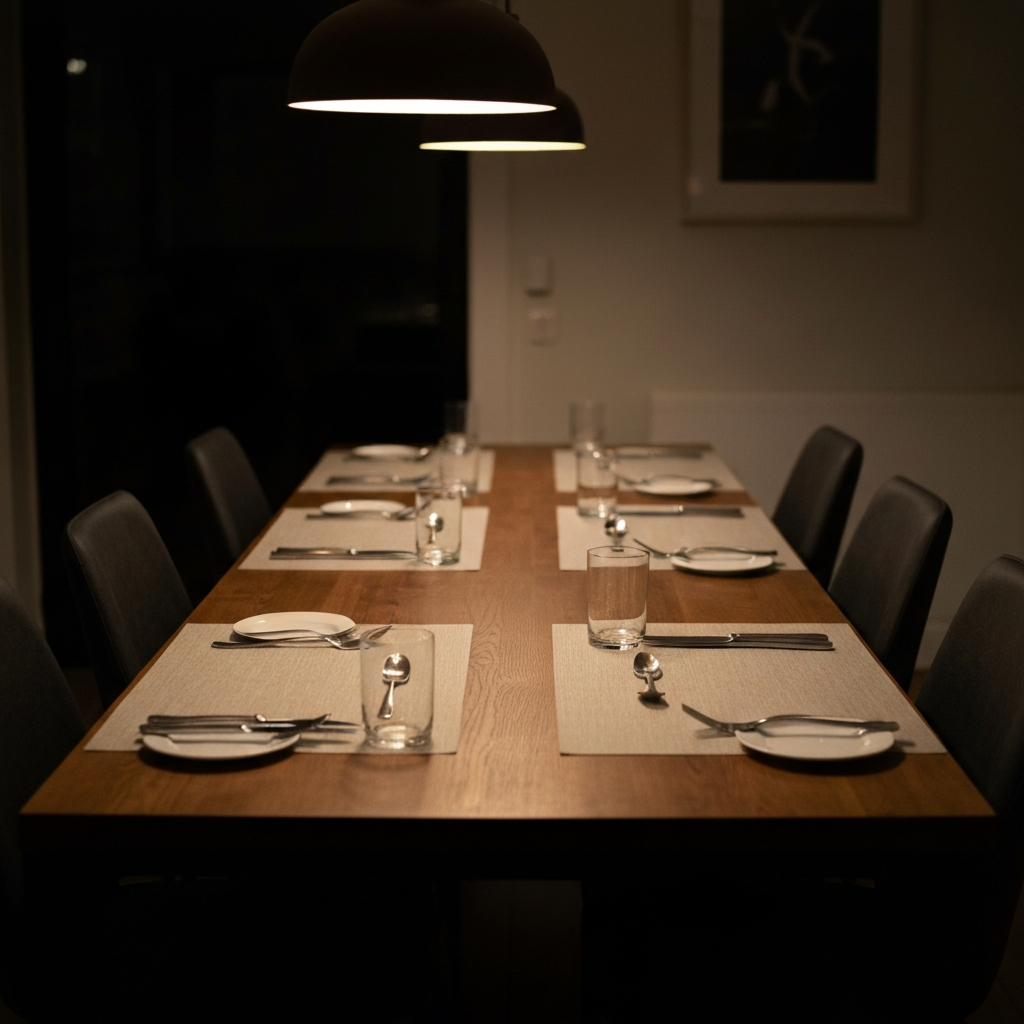 Empty dining table set for dinner. Placemats, silverware, and napkins are neatly arranged. No phones or devices are visible. Warm, inviting lighting from an overhead pendant.