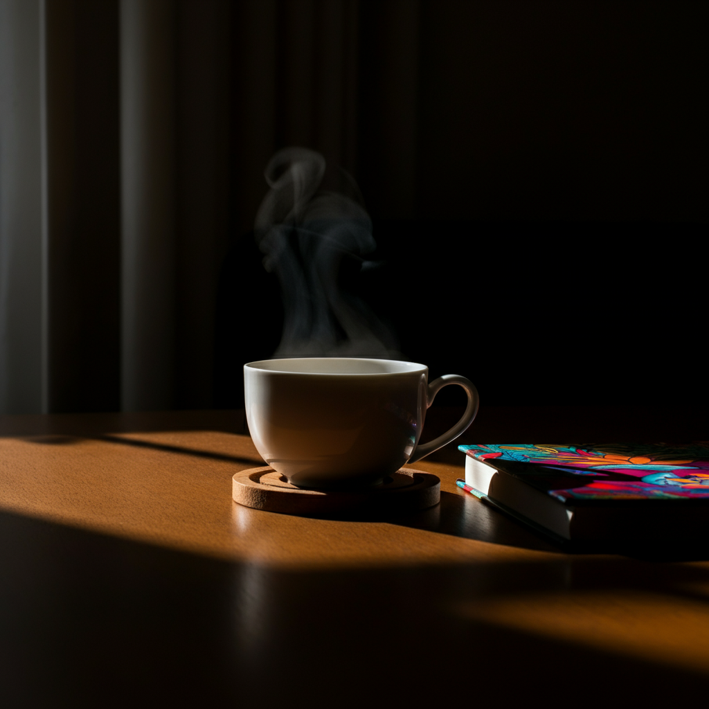 Close-up shot of a steaming cup of tea on a wooden coaster. A book with a colorful cover lies open next to it. Soft, natural light illuminates the scene.