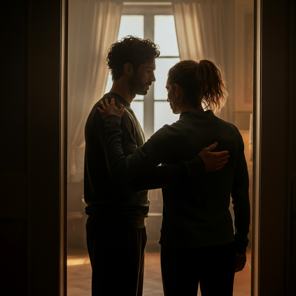 Two people embracing in a softly lit doorway. One person is offering a comforting hand on the other's shoulder. Gentle expression of understanding.