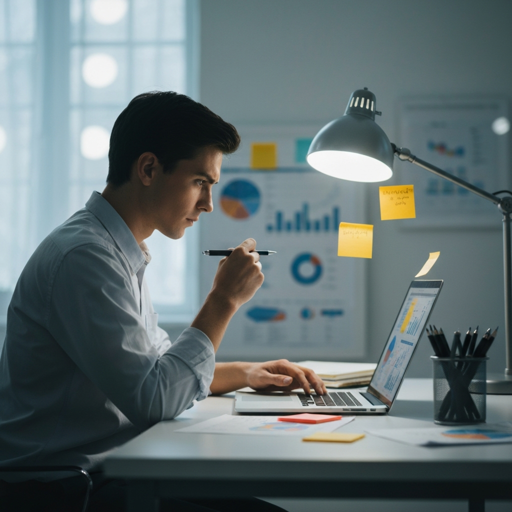 A brightly lit office space with a person sitting at a desk, surrounded by sticky notes and charts, deeply focused on a laptop screen. Soft bokeh background suggests a busy but organized environment.