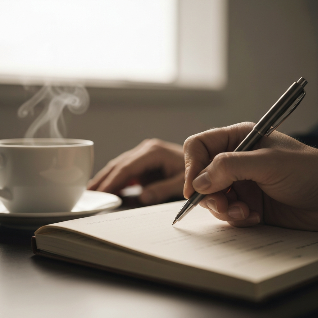 A close-up shot of a hand writing in a notebook with a pen. The lighting is warm and diffused, highlighting the texture of the paper and the intricate details of the pen. In the background, a cup of coffee steams gently.