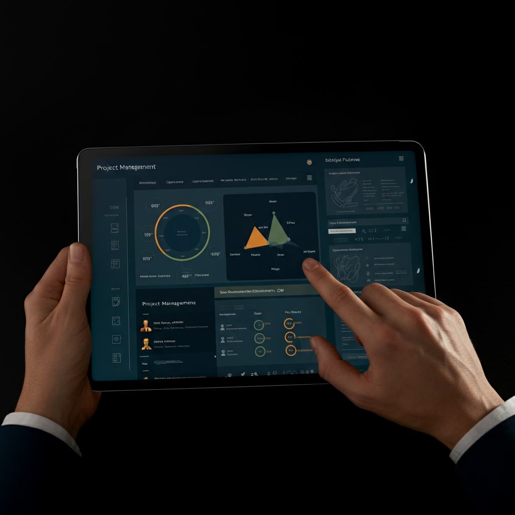 A person using a tablet to manage a project. The tablet is displaying a visually appealing project management dashboard. The lighting is bright and even, highlighting the clarity of the screen and the person's focused expression.