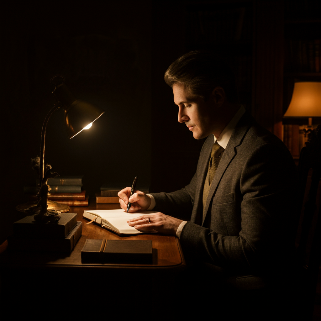 A softly lit study with a person seated at a wooden desk, writing in a leather-bound journal. A warm lamp illuminates their face and hands. The background is slightly blurred to emphasize the subject's focus.
