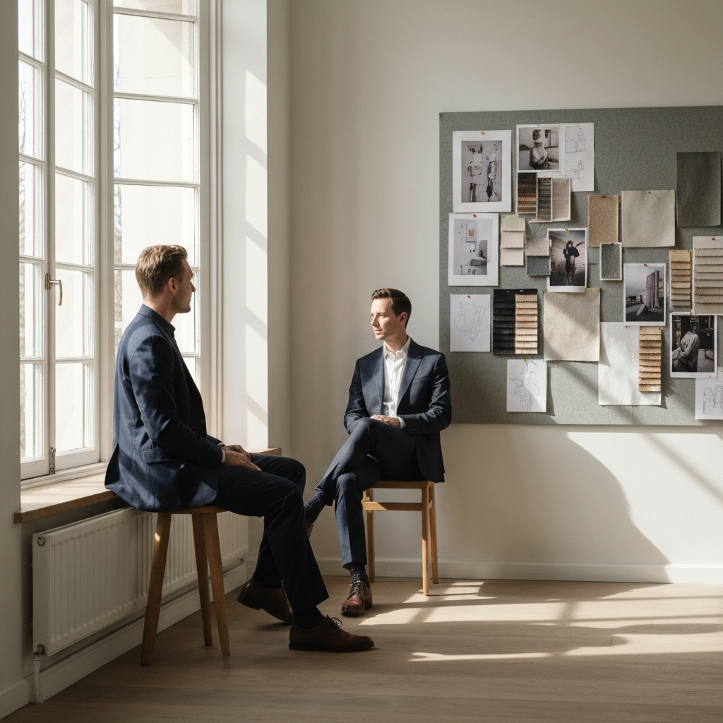 A bright, airy room with a large pinboard covered in fabric swatches, photos, and sketches. Soft daylight streams through a nearby window, highlighting the textures of the materials.