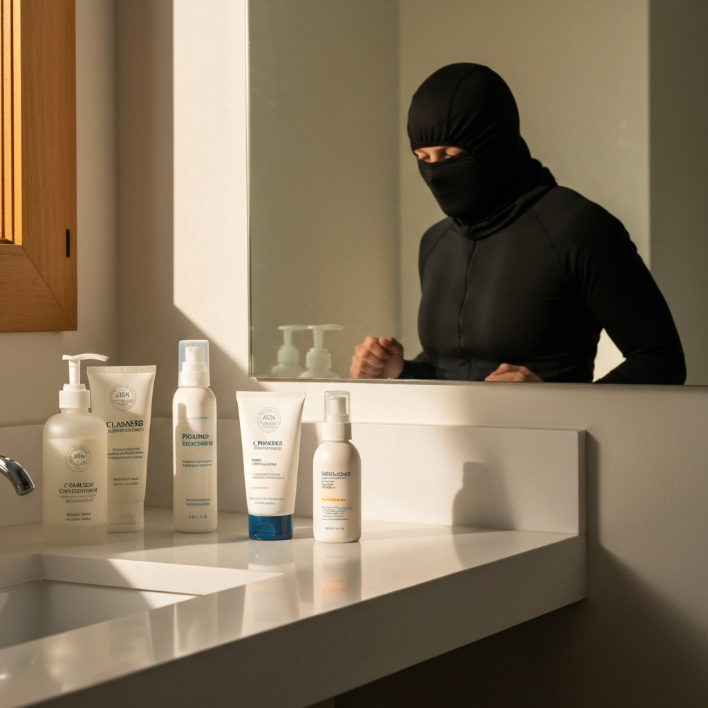A clean, well-organized bathroom counter with neatly arranged skincare products: cleanser, moisturizer, and sunscreen. Soft, diffused light illuminates the products and creates subtle shadows.