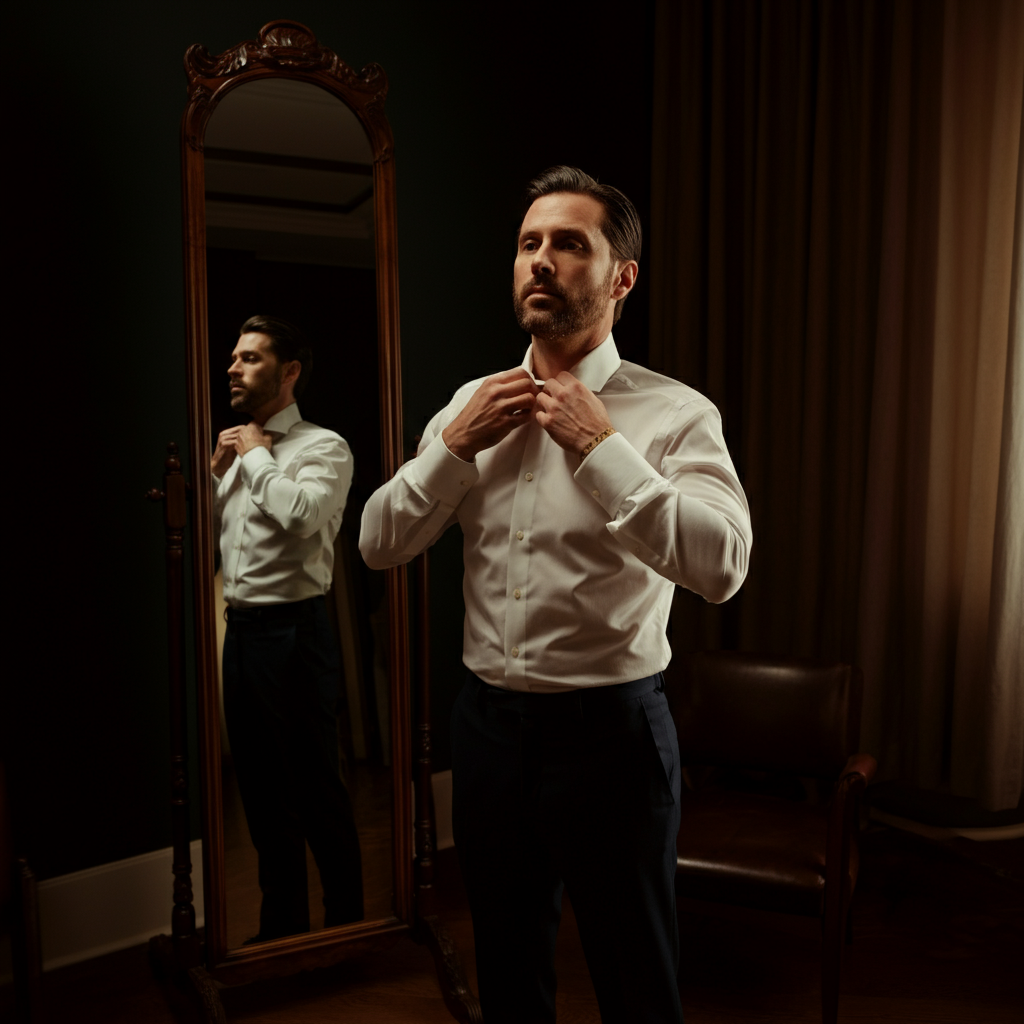 A well-dressed individual standing in front of a full-length mirror, adjusting the collar of their shirt. The mirror reflects a well-lit room with a curated selection of clothing and accessories.