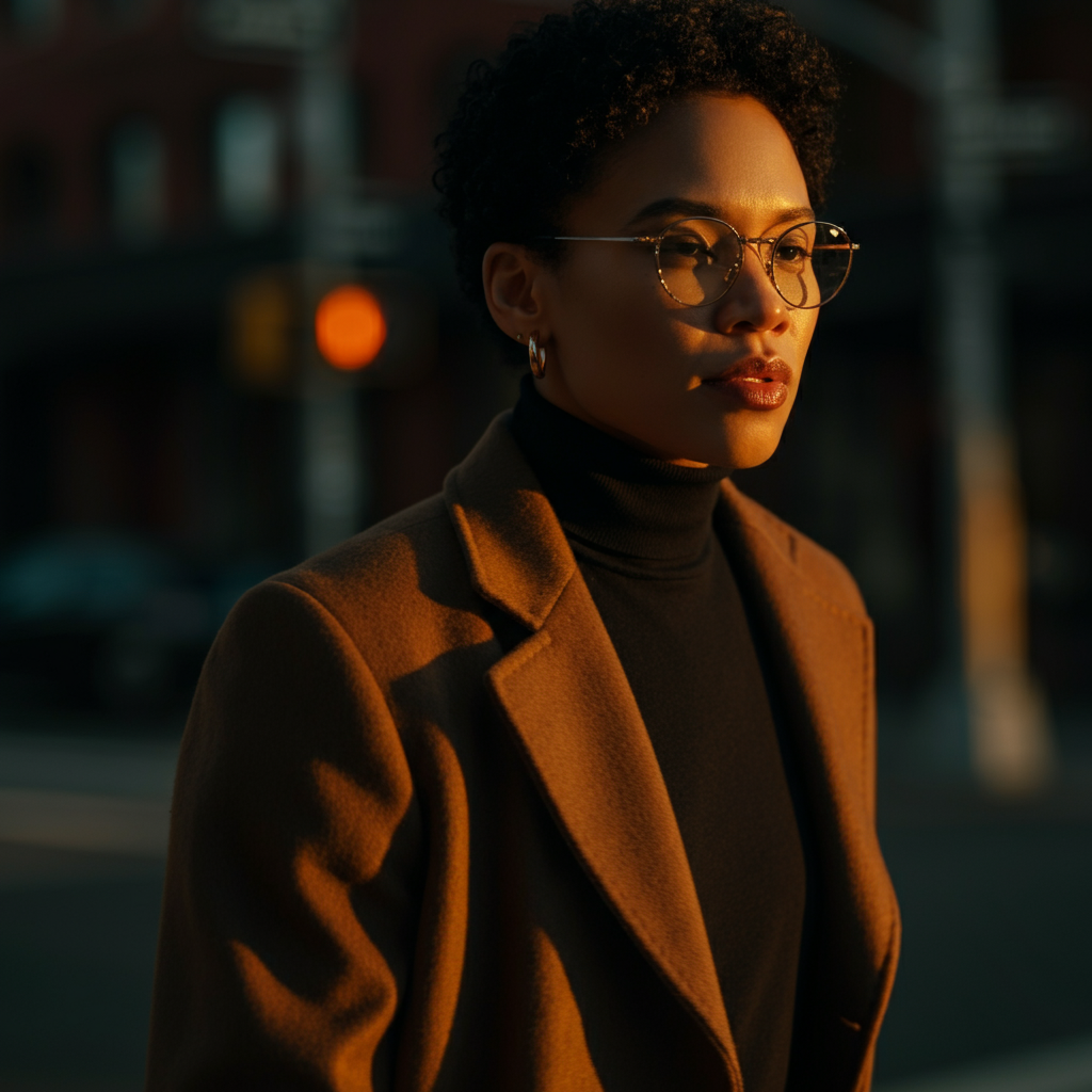A person confidently walking down a city street, wearing a stylish outfit and accessories. Golden hour lighting casts a warm glow on their face and clothing. The background is slightly blurred to draw attention to the subject.