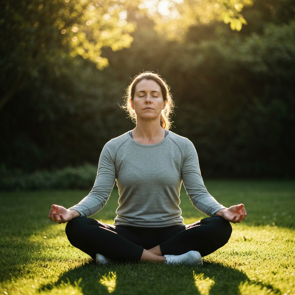 A person sitting in a peaceful garden, meditating with their eyes closed. Soft sunlight filters through the leaves of the trees, creating a serene and calming atmosphere.