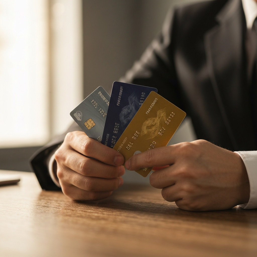A hand holding three different credit cards, fanned out against a textured wooden desk. Soft bokeh in the background suggests a professional office setting. Golden hour lighting emphasizes the card textures.