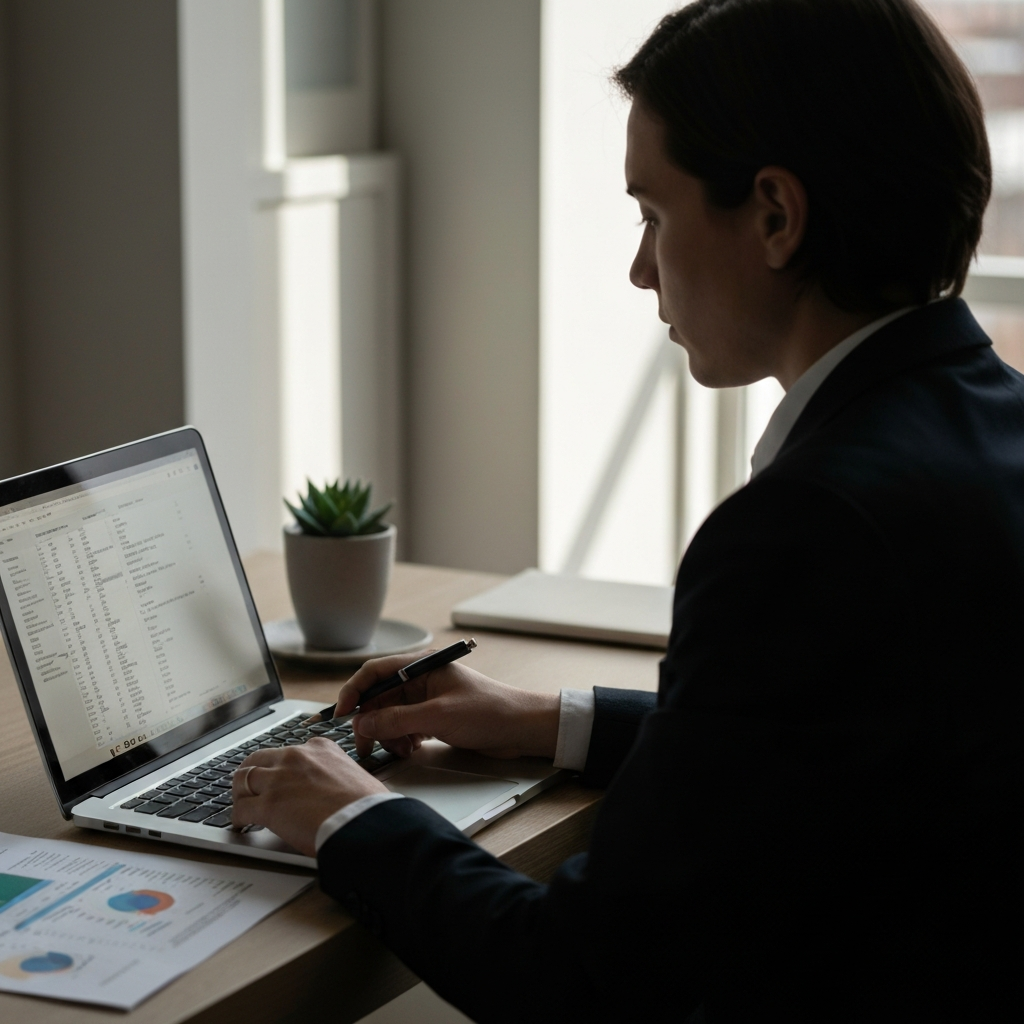 A person sitting at a laptop, reviewing a spreadsheet with financial information. Natural light from a window softly illuminates their face. They are wearing professional attire and appear focused on the task.