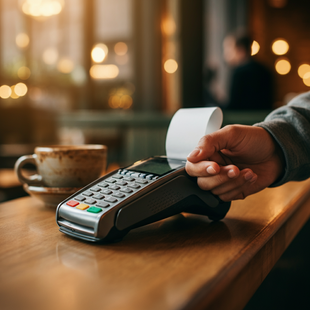Close-up shot of a credit card being swiped at a point-of-sale terminal in a cafe. Shallow depth of field blurs the background, highlighting the texture of the card and the details of the terminal.