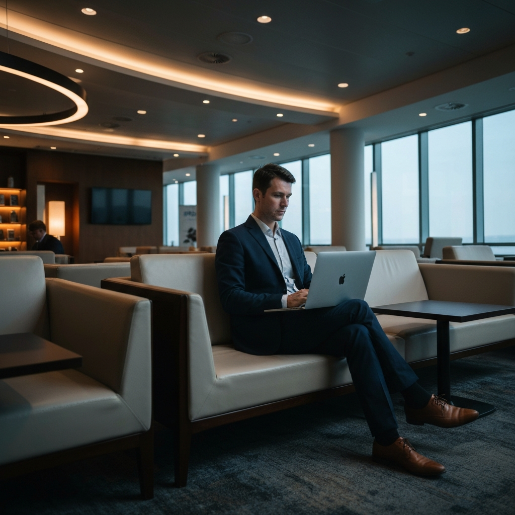 A person at an airport lounge, comfortably seated and using a laptop. The lounge features soft lighting, modern furniture, and a relaxed atmosphere. The scene is composed to evoke a sense of sophisticated travel.