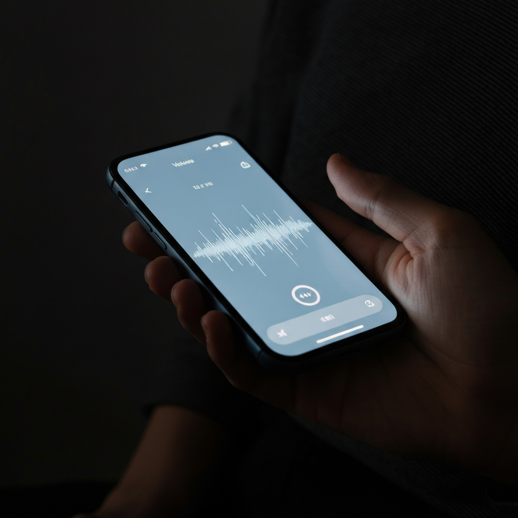 A close-up shot of a modern smartphone displaying the voice recording app, showing a soundwave pattern in the background. Soft, diffused light illuminates the phone.