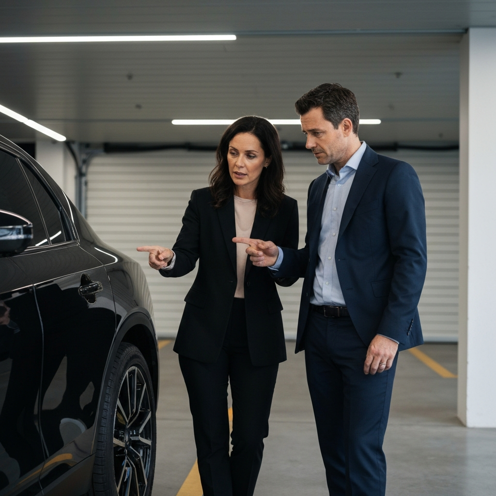 Two people, a man and a woman, are standing next to a parked car in a well-lit garage. The woman is pointing towards the front wheel well, while the man is listening intently with a slight frown.