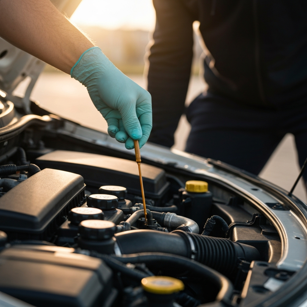 A mechanic's hand, wearing a nitrile glove, is checking the oil level in a car engine using the dipstick. The engine bay is clean and organized, with various colored caps clearly visible. Soft focus on the background.