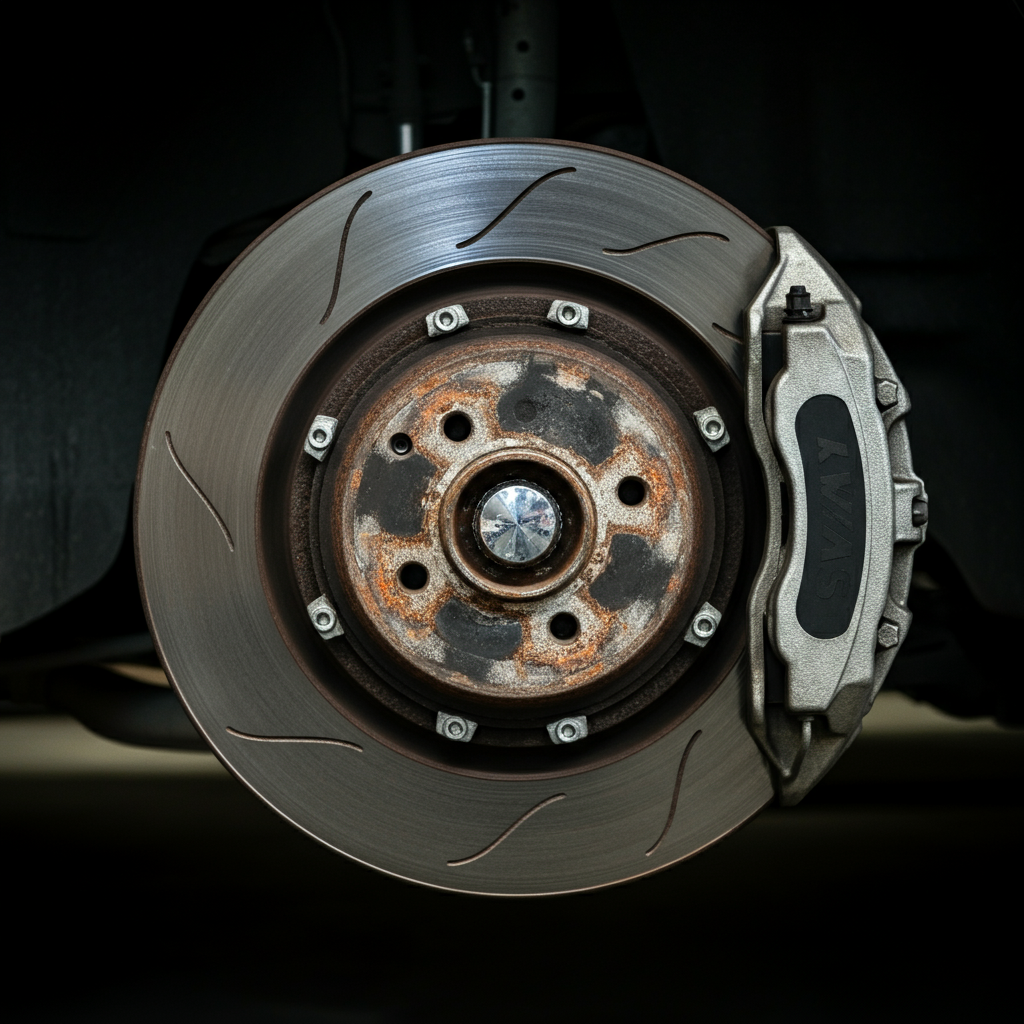 A car wheel is shown in sharp focus. The brake rotor is visible, showing slight surface rust. The brake caliper is clean and well-maintained. Soft, natural light illuminates the scene.