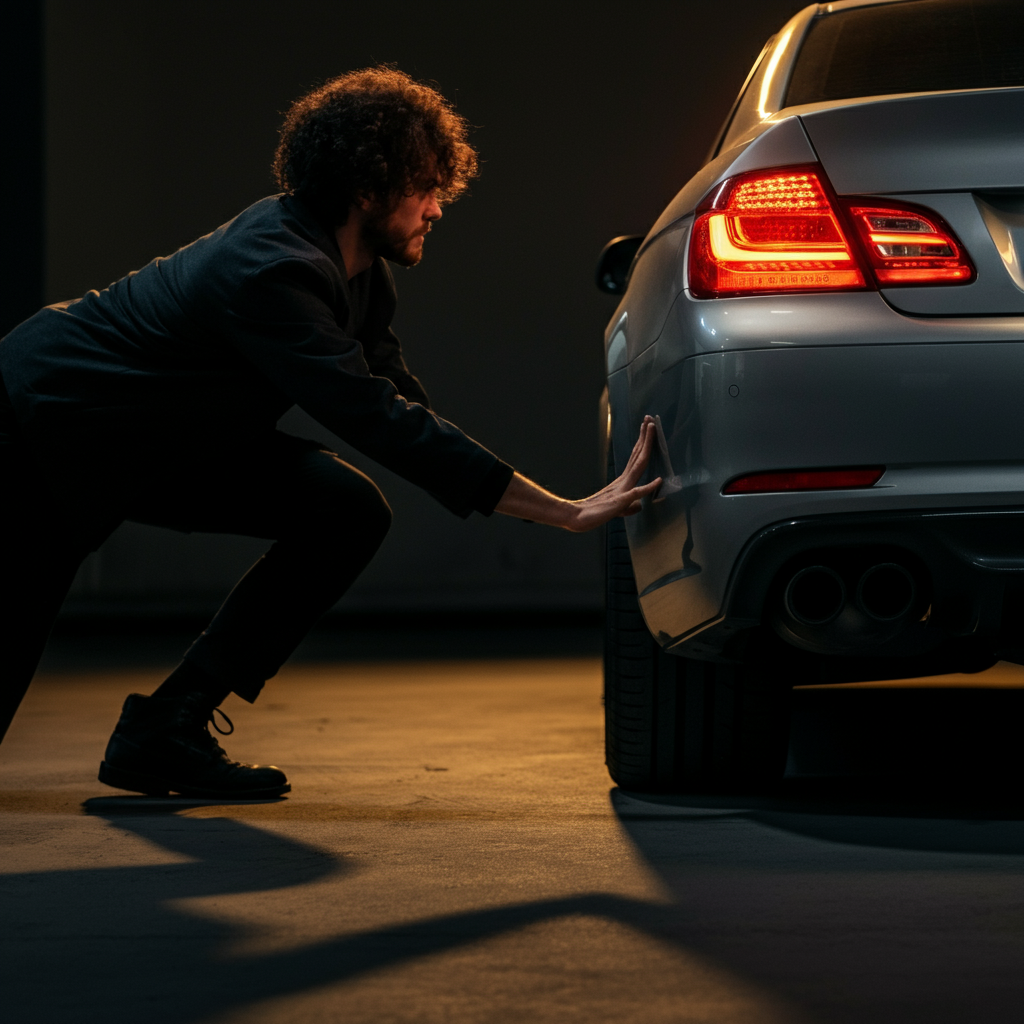 A person is pushing down on the rear bumper of a car. The car is parked on a level surface, and the suspension is visibly compressing. Golden hour lighting casts long shadows.