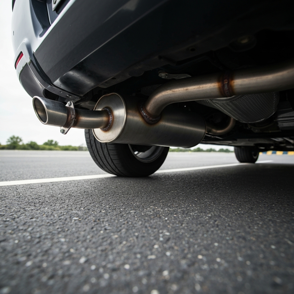A side view of a car's exhaust pipe, showing slight corrosion. The surrounding area is clean and well-maintained. The lighting is soft and diffused, highlighting the texture of the metal.